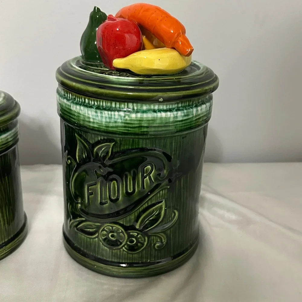 Vintage Fruit Lid Ceramic Canister Avacado Green Tea Flour Jars Good Retro MCM